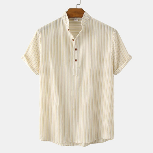 Camisa Casual de Rayas con Cuello Mao Manga Corta para Hombre - Image 7