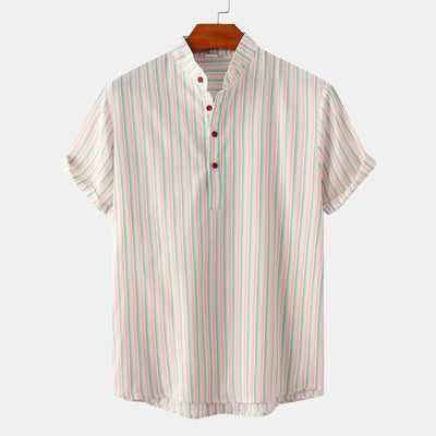 Camisa Casual de Rayas con Cuello Mao Manga Corta para Hombre - Image 8
