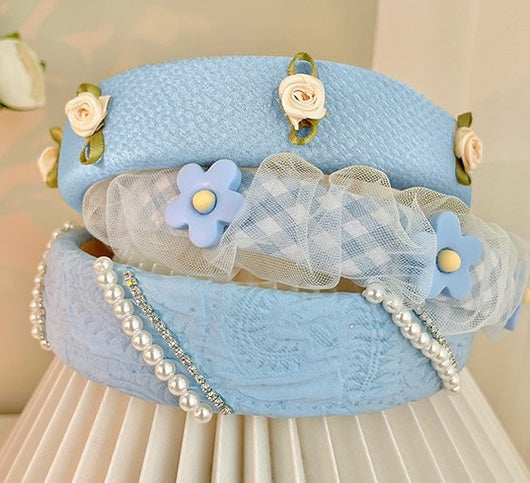 Bandas para Cabello y Cara con Perlas Mesh Floral Azul - Image 10