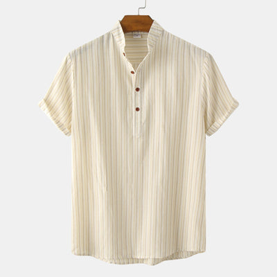 Camisa Casual de Rayas con Cuello Mao Manga Corta para Hombre - Image 13