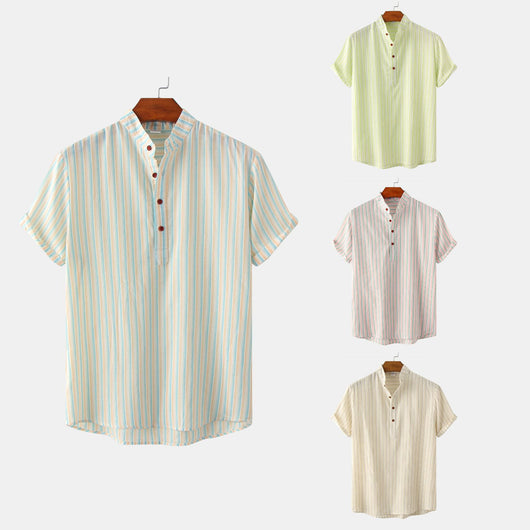 Camisa Casual de Rayas con Cuello Mao Manga Corta para Hombre - Image 15