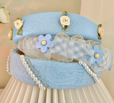 Bandas para Cabello y Cara con Perlas Mesh Floral Azul - Image 15