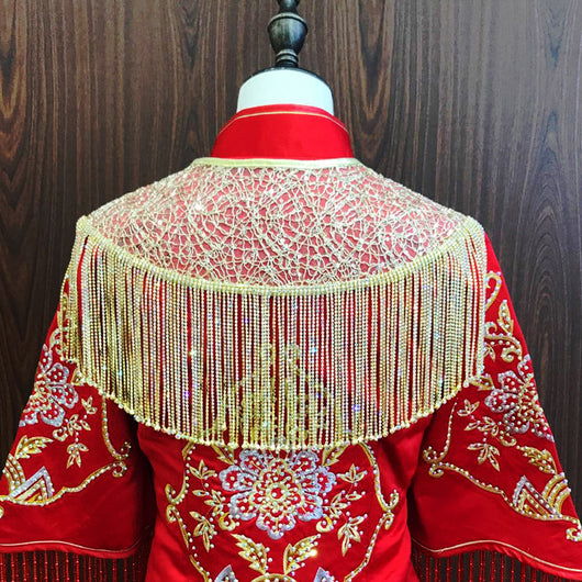Chal Nupcial Rojo Dorado con Encaje y Borlas - Vestido Tradicional de Boda - Image 9