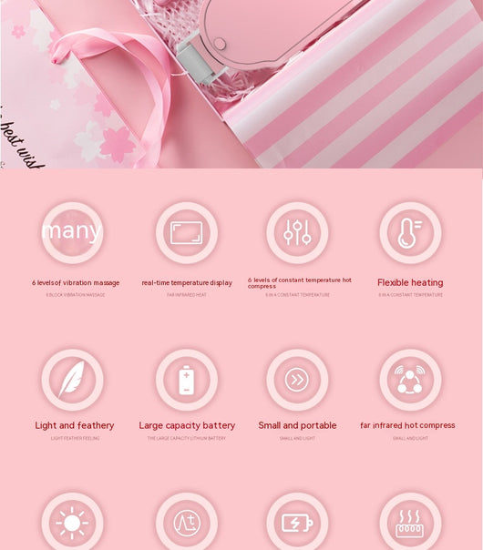 Pink stomach warming belt with vibration and heating, USB charging cable, two wormwood bags, and manual in a floral gift box. - Image 9