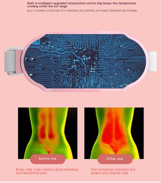 Pink stomach warming belt with vibration and heating, USB charging cable, two wormwood bags, and manual in a floral gift box. - Image 17