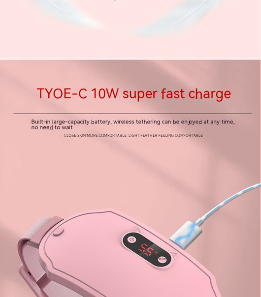 Pink stomach warming belt with vibration and heating, USB charging cable, two wormwood bags, and manual in a floral gift box. - Image 19