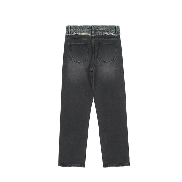 Jeans Rectos Sueltos Casual con Costuras Desgastadas