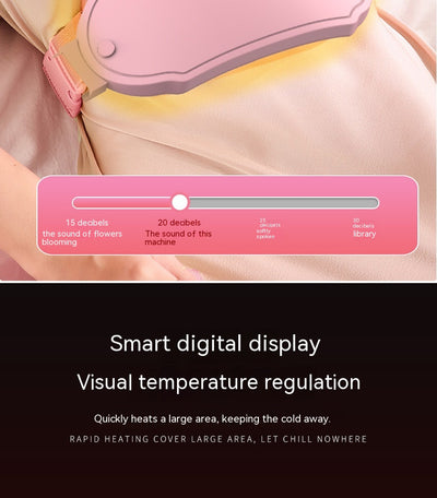 Pink stomach warming belt with vibration and heating, USB charging cable, two wormwood bags, and manual in a floral gift box. - Image 31