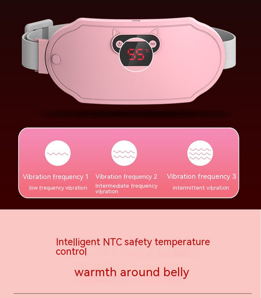 Pink stomach warming belt with vibration and heating, USB charging cable, two wormwood bags, and manual in a floral gift box. - Image 32