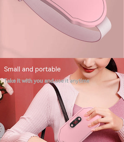 Pink stomach warming belt with vibration and heating, USB charging cable, two wormwood bags, and manual in a floral gift box. - Image 36