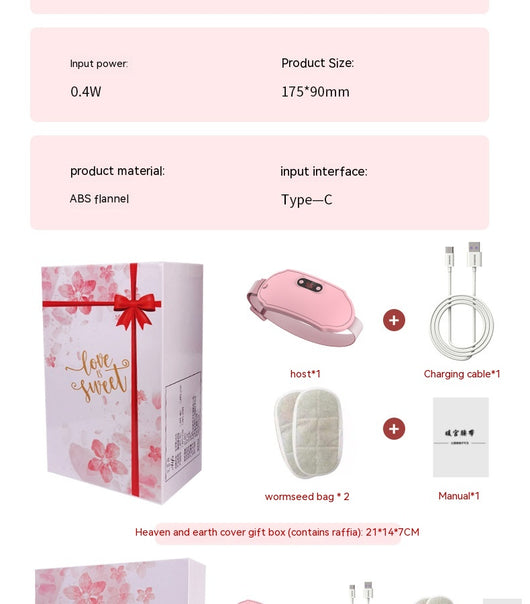 Pink stomach warming belt with vibration and heating, USB charging cable, two wormwood bags, and manual in a floral gift box. - Image 38