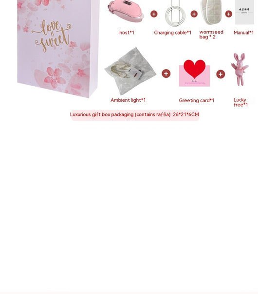 Pink stomach warming belt with vibration and heating, USB charging cable, two wormwood bags, and manual in a floral gift box. - Image 39