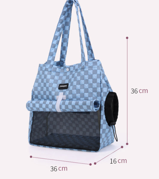 Blue and gray checkered soft pet carrier bag with mesh window and side opening for small cats or dogs. - Image 11