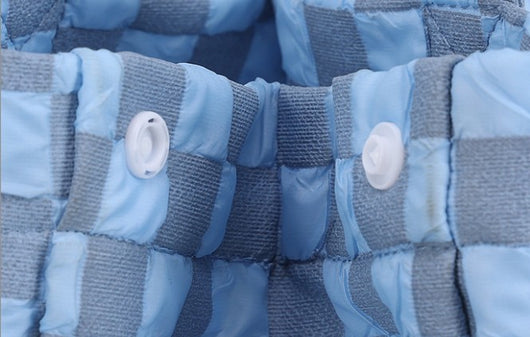 Blue and gray checkered soft pet carrier bag with mesh window and side opening for small cats or dogs. - Image 12