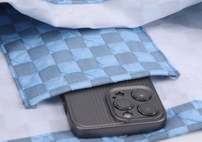 Blue and gray checkered soft pet carrier bag with mesh window and side opening for small cats or dogs. - Image 13