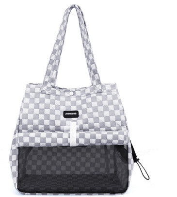 Blue and gray checkered soft pet carrier bag with mesh window and side opening for small cats or dogs. - Image 15