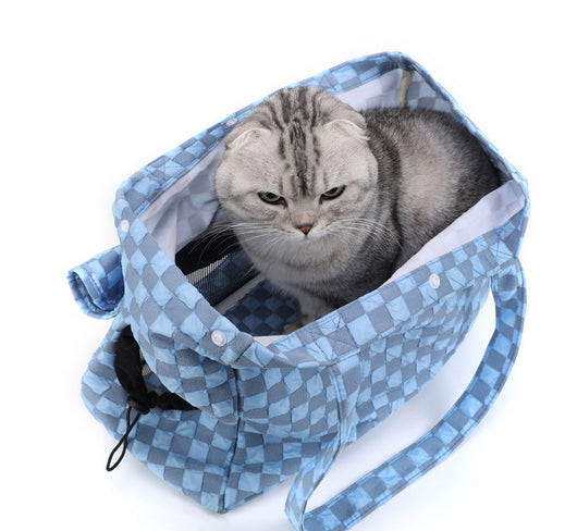 Blue and gray checkered soft pet carrier bag with mesh window and side opening for small cats or dogs. - Image 17