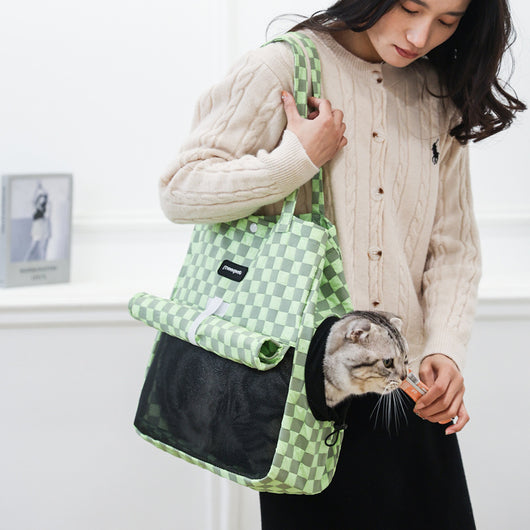 Blue and gray checkered soft pet carrier bag with mesh window and side opening for small cats or dogs. - Image 19
