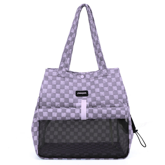 Blue and gray checkered soft pet carrier bag with mesh window and side opening for small cats or dogs. - Image 20