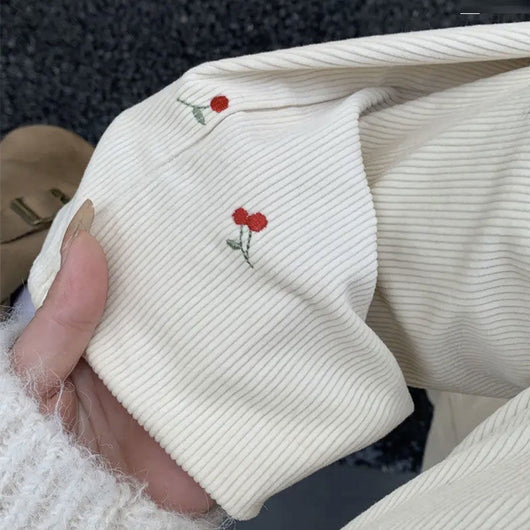 Pantalones Rectos de Pana con Bordado de Cereza - Estilo Retro Casual Cómodo - Image 21