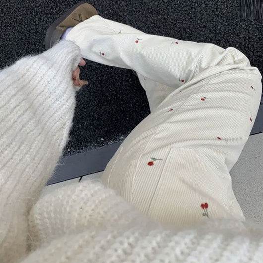 Pantalones Rectos de Pana con Bordado de Cereza - Estilo Retro Casual Cómodo - Image 22