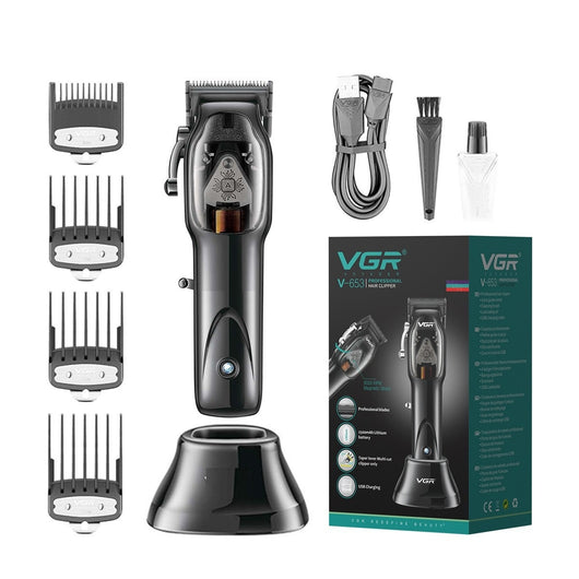 Professional VGR V-653 electric hair clipper set with four guide combs, charging dock, USB cable, cleaning brush, and oil. - Image 10