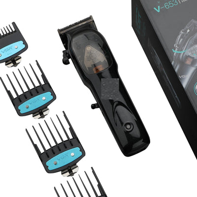 Professional VGR V-653 electric hair clipper set with four guide combs, charging dock, USB cable, cleaning brush, and oil. - Image 12