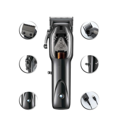 Professional VGR V-653 electric hair clipper set with four guide combs, charging dock, USB cable, cleaning brush, and oil. - Image 13