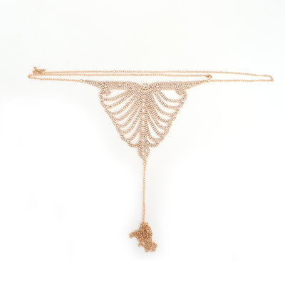 Gold-tone rhinestone bra and thong body chain set with a fan-like pattern, sparkling on a white background. - Image 13