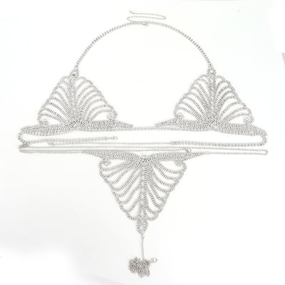 Gold-tone rhinestone bra and thong body chain set with a fan-like pattern, sparkling on a white background. - Image 15