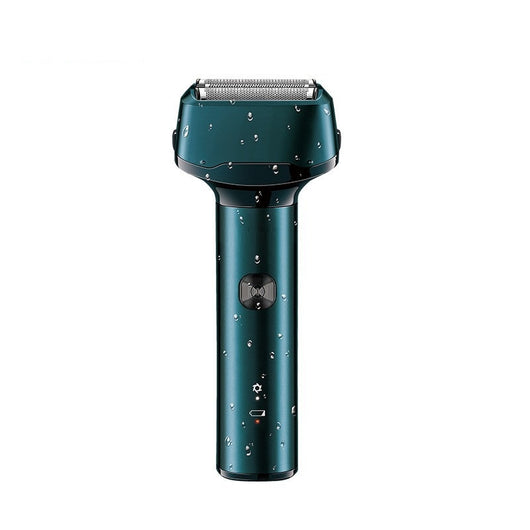 Dark teal rechargeable electric shaver with dual foil heads, featuring water droplets on its body, indicating it's washable. - Image 9