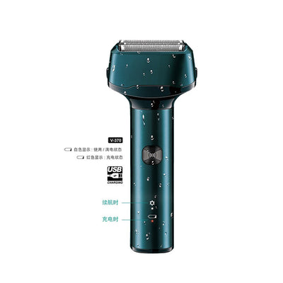 Dark teal rechargeable electric shaver with dual foil heads, featuring water droplets on its body, indicating it's washable. - Image 12