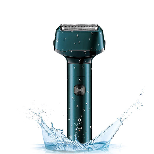 Dark teal rechargeable electric shaver with dual foil heads, featuring water droplets on its body, indicating it's washable. - Image 13