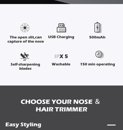 Black rechargeable 2-in-1 nose and eyebrow hair trimmer kit with USB cable, cleaning brush, and protective caps. - Image 8