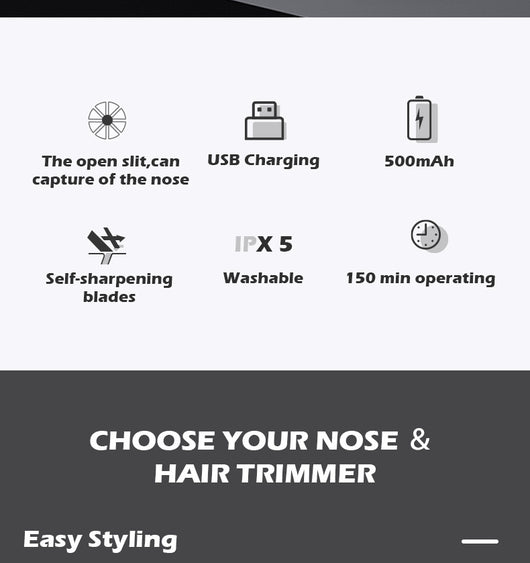 Black rechargeable 2-in-1 nose and eyebrow hair trimmer kit with USB cable, cleaning brush, and protective caps. - Image 8