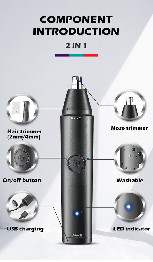 Black rechargeable 2-in-1 nose and eyebrow hair trimmer kit with USB cable, cleaning brush, and protective caps. - Image 10