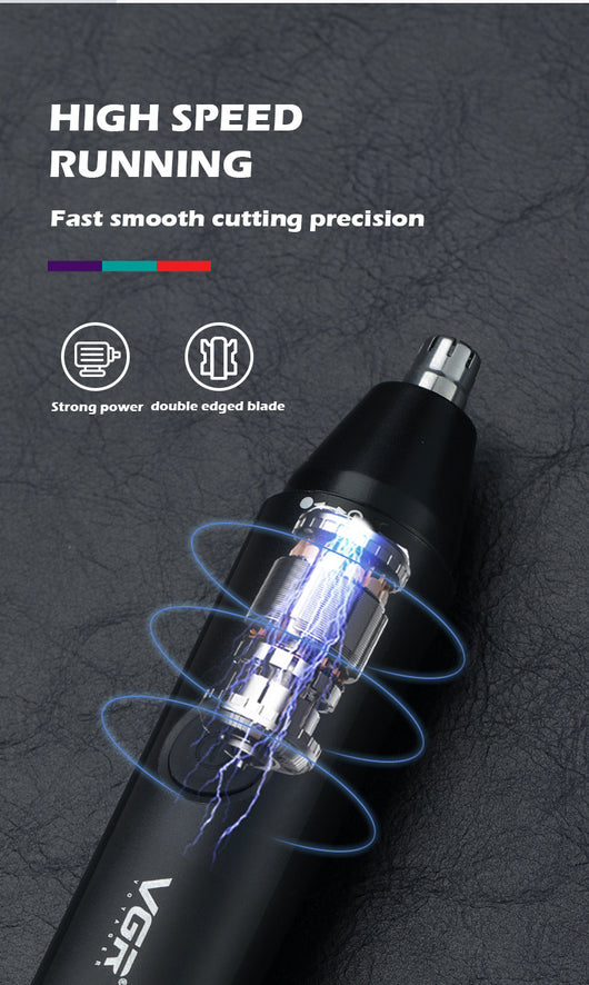 Black rechargeable 2-in-1 nose and eyebrow hair trimmer kit with USB cable, cleaning brush, and protective caps. - Image 13