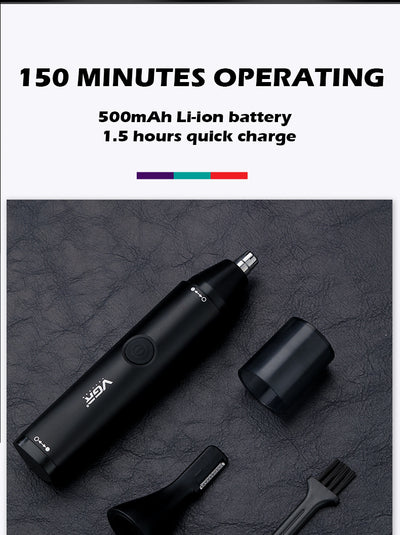 Black rechargeable 2-in-1 nose and eyebrow hair trimmer kit with USB cable, cleaning brush, and protective caps. - Image 15