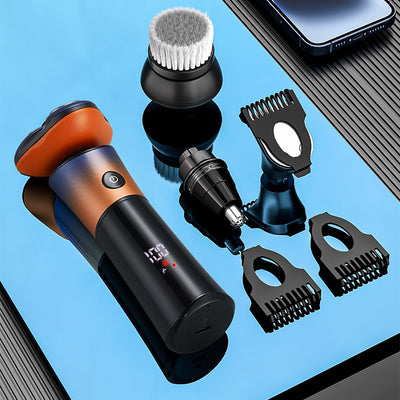 Rechargeable electric shaver with 3D floating head, black to blue-orange gradient, LED display, shown with charging cable, cleaning brush, and blade cover. - Image 7