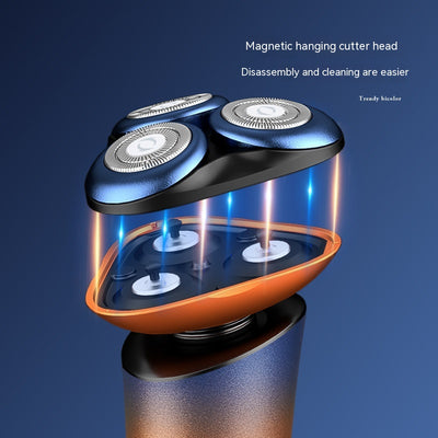 Rechargeable electric shaver with 3D floating head, black to blue-orange gradient, LED display, shown with charging cable, cleaning brush, and blade cover. - Image 9