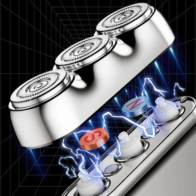 Orange mini electric shaver with three silver floating cutter heads, a blue power button, on a translucent orange block. - Image 14