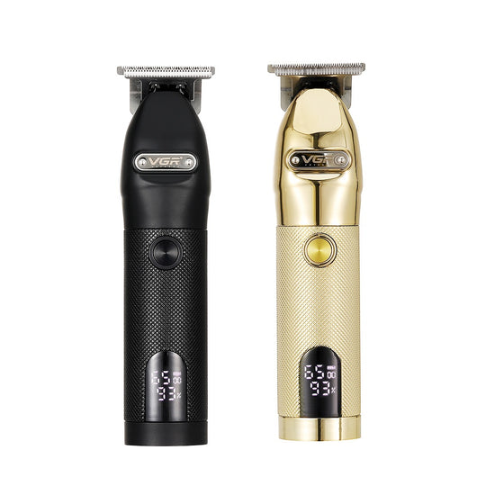 Gold metal hair clipper with LCD digital display, guide combs, USB cable, cleaning brush, and oil, in packaging. - Image 8