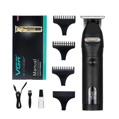 Gold metal hair clipper with LCD digital display, guide combs, USB cable, cleaning brush, and oil, in packaging. - Image 10