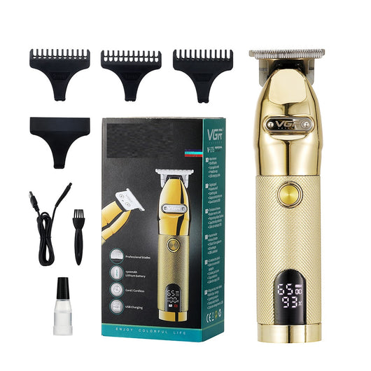 Gold metal hair clipper with LCD digital display, guide combs, USB cable, cleaning brush, and oil, in packaging. - Image 11