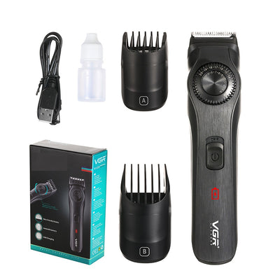 Black adjustable electric hair clipper with two guide combs, USB cable, oil, and cleaning brush, shown with its retail box. - Image 10