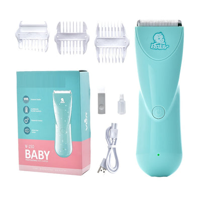 Green baby hair clipper set with three white guide combs, USB charging cable, cleaning brush, and oil bottle. - Image 10