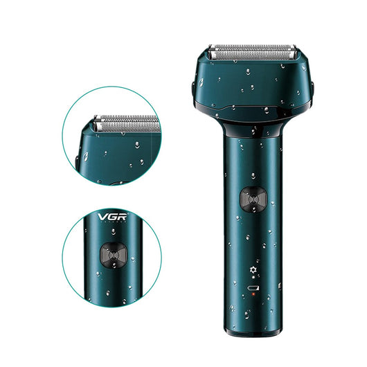 Dark teal rechargeable electric shaver with dual foil heads, featuring water droplets on its body, indicating it's washable. - Image 18