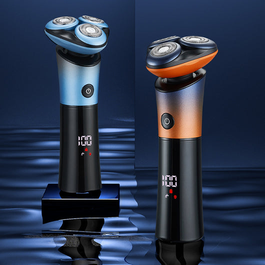 Rechargeable electric shaver with 3D floating head, black to blue-orange gradient, LED display, shown with charging cable, cleaning brush, and blade cover. - Image 13