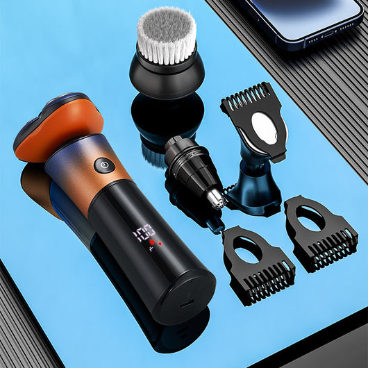 Rechargeable electric shaver with 3D floating head, black to blue-orange gradient, LED display, shown with charging cable, cleaning brush, and blade cover. - Image 14