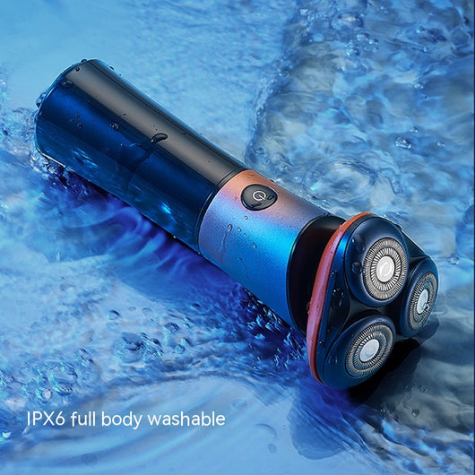 Rechargeable electric shaver with 3D floating head, black to blue-orange gradient, LED display, shown with charging cable, cleaning brush, and blade cover. - Image 15